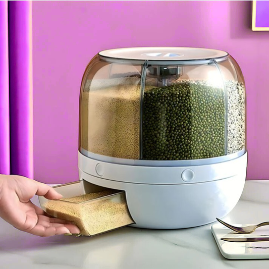 6-Grid Rotating Food Dispenser - Rice Bucket Storage Tank, Cereal Dispenser, Stackable Containers, One-Click Rice Picking, White